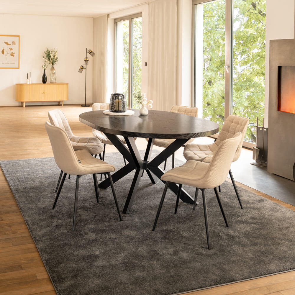 Home Deluxe Essgruppe Rund Ausziehbar AVENTURA inkl. Sternfuß - 120-160 x 120 cm Dark Oak 6 Stühle Creme