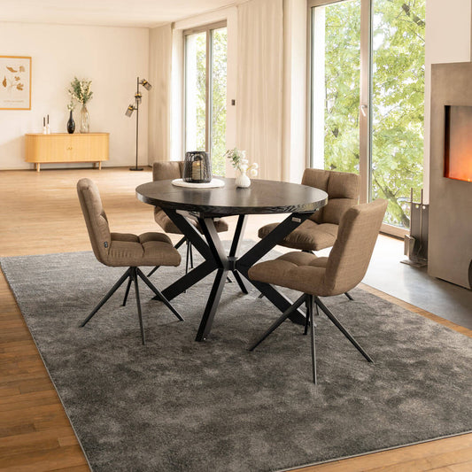 Home Deluxe Essgruppe Rund Ausziehbar AVENTURA inkl. Sternfuß - 120-160 x 120 cm Dark Oak 4 Stühle Grau