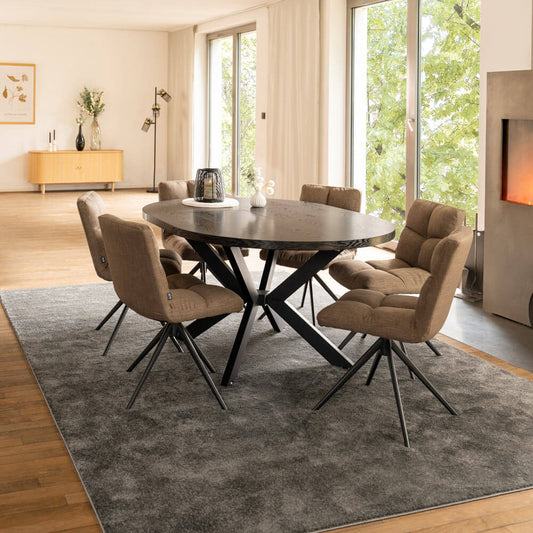 Home Deluxe Essgruppe Rund Ausziehbar AVENTURA inkl. Sternfuß - 120-160 x 120 cm Dark Oak 6 Stühle Grau