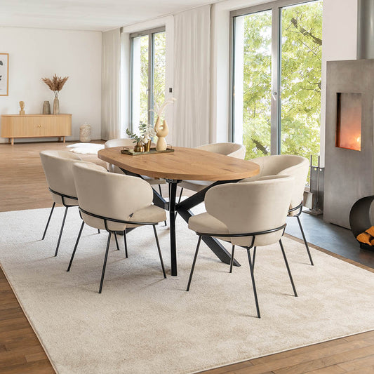 Home Deluxe Essgruppe Oval Ausziehbar inkl. Sternfuß - 160 x 100 cm Light Oak 6 Stühle Beige