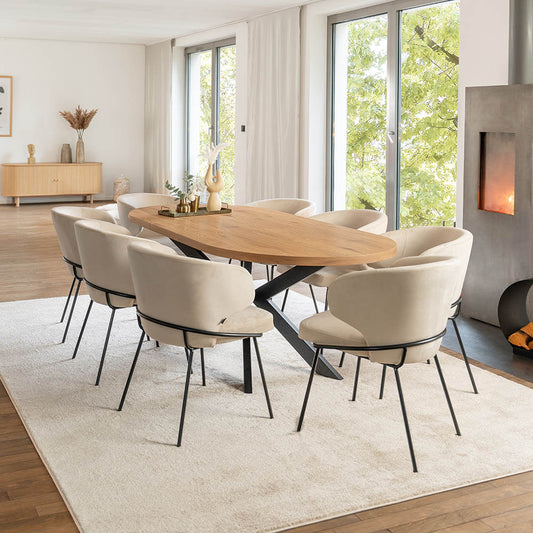 Home Deluxe Essgruppe Oval Ausziehbar inkl. Sternfuß - 160 x 100 cm Light Oak 8 Stühle Beige