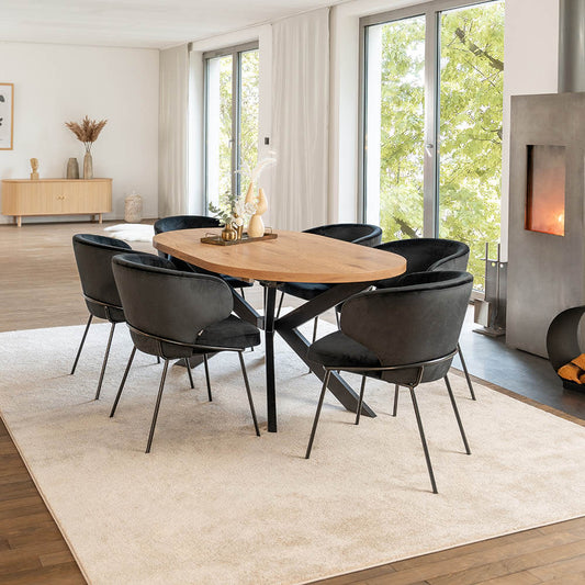 Home Deluxe Essgruppe Oval Ausziehbar inkl. Sternfuß - 160 x 100 cm Light Oak 6 Stühle Schwarz