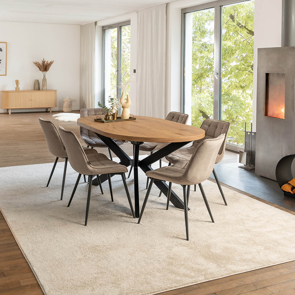 Home Deluxe Essgruppe Oval Ausziehbar inkl. Sternfuß - 160 x 100 cm Light Oak 6 Stühle Hellbraun