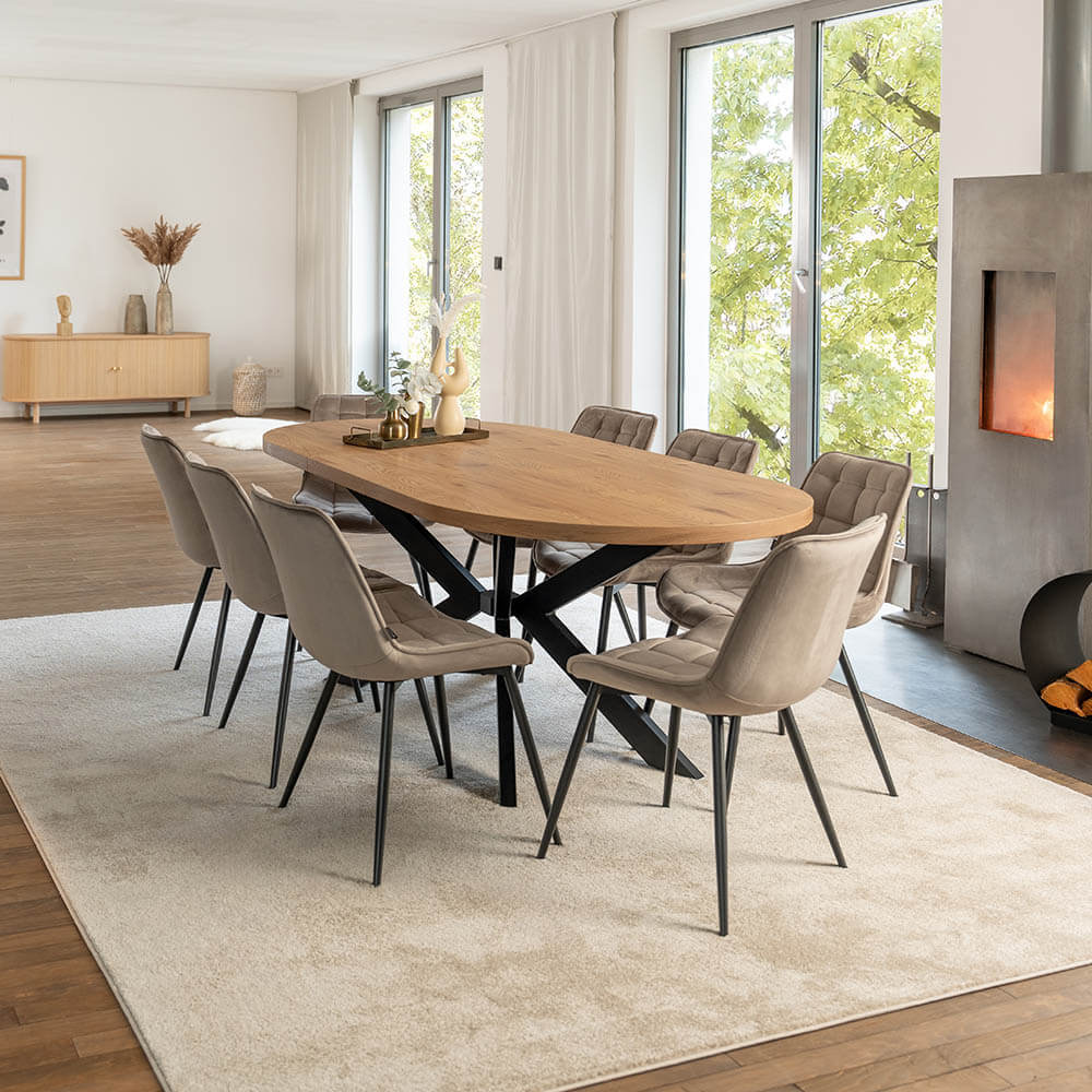 Home Deluxe Essgruppe Oval Ausziehbar inkl. Sternfuß - 160 x 100 cm Light Oak 8 Stühle Hellbraun