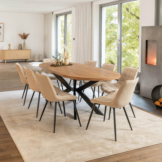 Home Deluxe Essgruppe Oval Ausziehbar inkl. Sternfuß - 160 x 100 cm Light Oak 8 Stühle Creme