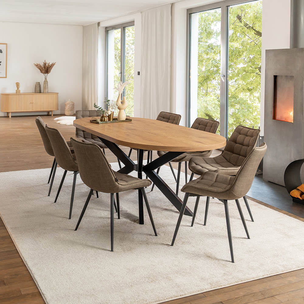 Home Deluxe Essgruppe Oval Ausziehbar inkl. Sternfuß - 160 x 100 cm Light Oak 8 Stühle Grau / Braun