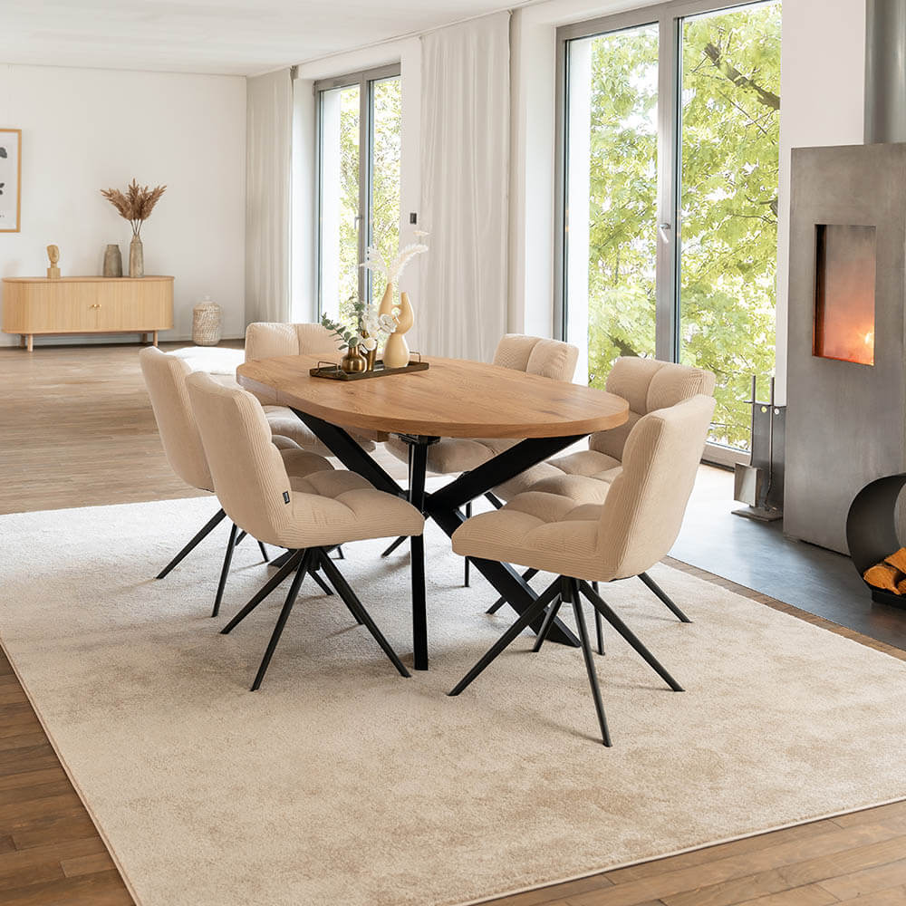 Home Deluxe Essgruppe Oval Ausziehbar inkl. Sternfuß - 160 x 100 cm Light Oak 6 Stühle Creme