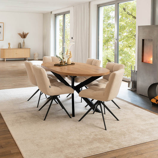 Home Deluxe Essgruppe Oval Ausziehbar inkl. Sternfuß - 160 x 100 cm Light Oak 6 Stühle Creme