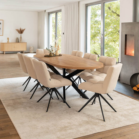 Home Deluxe Essgruppe Oval Ausziehbar inkl. Sternfuß - 160 x 100 cm Light Oak 8 Stühle Creme