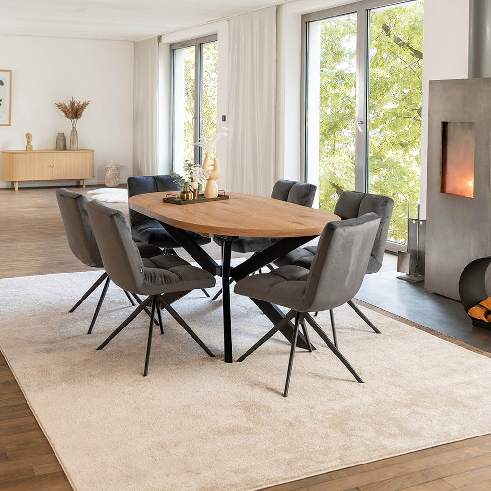 Home Deluxe Essgruppe Oval Ausziehbar inkl. Sternfuß - 160 x 100 cm Light Oak 6 Stühle Hellgrau