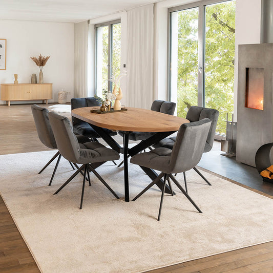 Home Deluxe Essgruppe Oval Ausziehbar inkl. Sternfuß - 160 x 100 cm Light Oak 6 Stühle Hellgrau