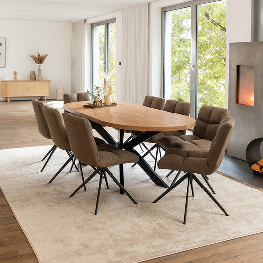 Home Deluxe Essgruppe Oval Ausziehbar inkl. Sternfuß - 160 x 100 cm Light Oak 8 Stühle Grau / Braun