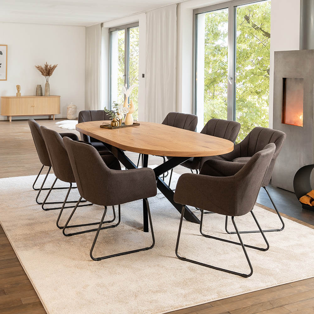 Home Deluxe Essgruppe Oval Ausziehbar inkl. Sternfuß - 160 x 100 cm Light Oak 8 Stühle Anthrazit