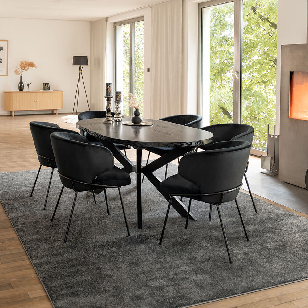 Home Deluxe Essgruppe Oval Ausziehbar inkl. Sternfuß - 160 x 100 cm Dark Oak 6 Stühle Schwarz