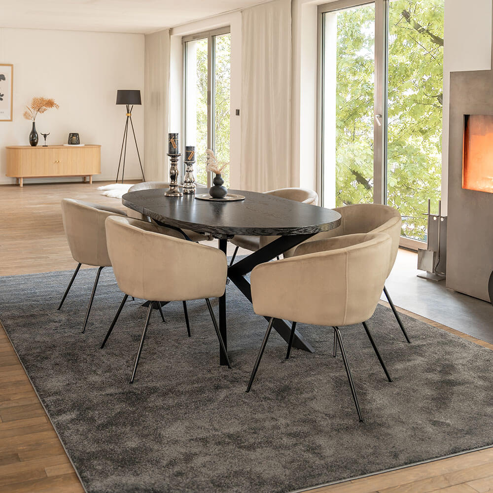 Home Deluxe Essgruppe Oval Ausziehbar inkl. Sternfuß - 160 x 100 cm Dark Oak 6 Stühle Beige