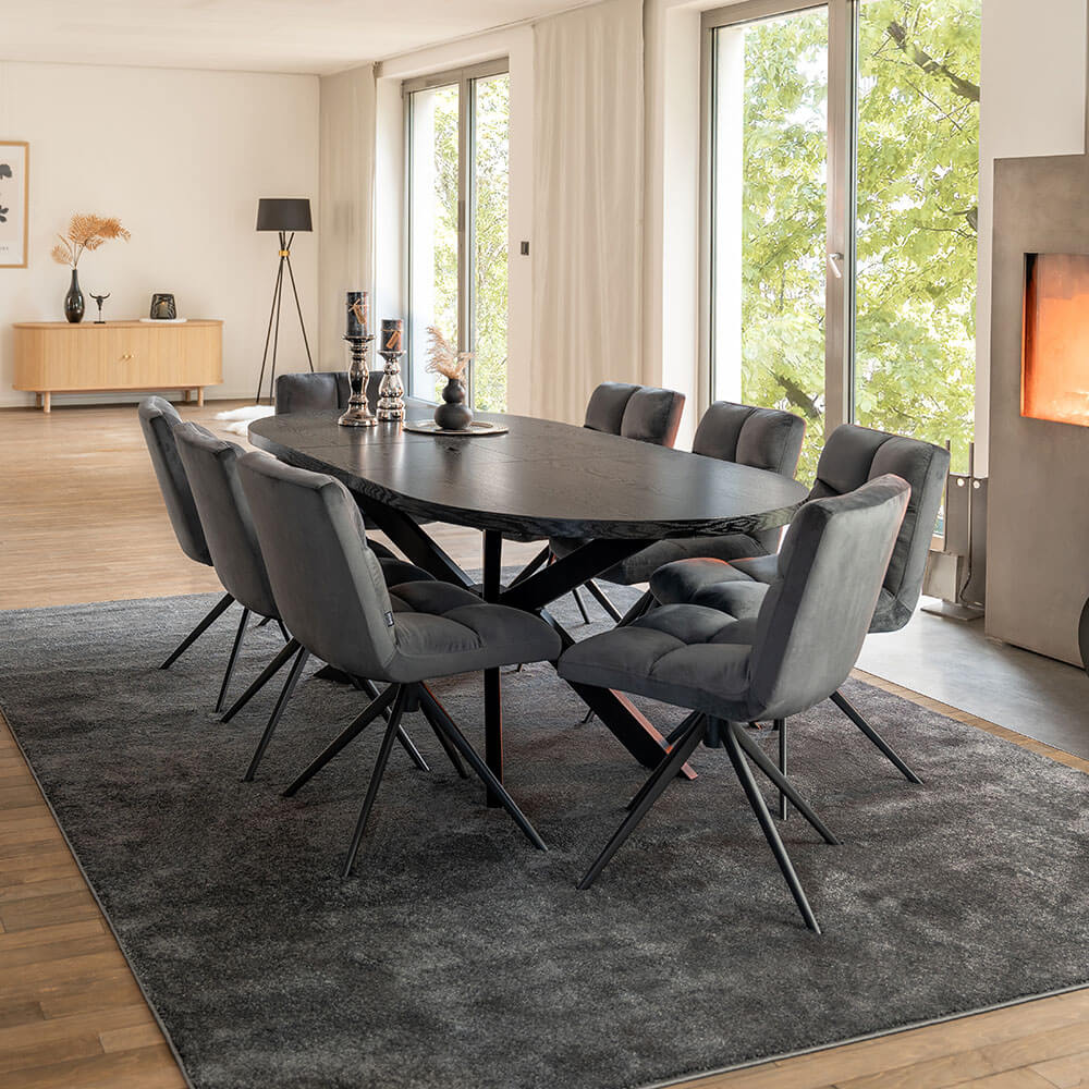 Home Deluxe Essgruppe Oval Ausziehbar inkl. Sternfuß - 160 x 100 cm Dark Oak 8 Stühle Hellgrau