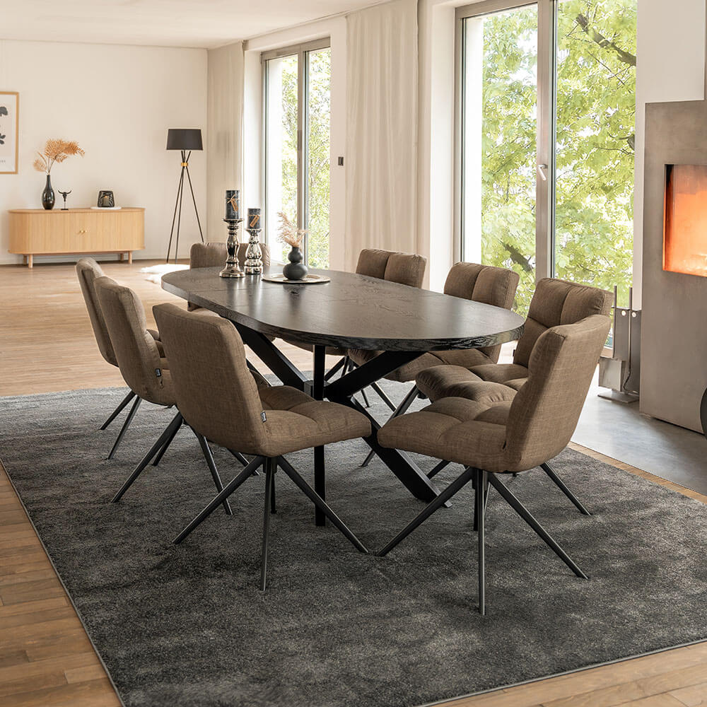 Home Deluxe Essgruppe Oval Ausziehbar inkl. Sternfuß - 160 x 100 cm Dark Oak 8 Stühle Grau / Braun