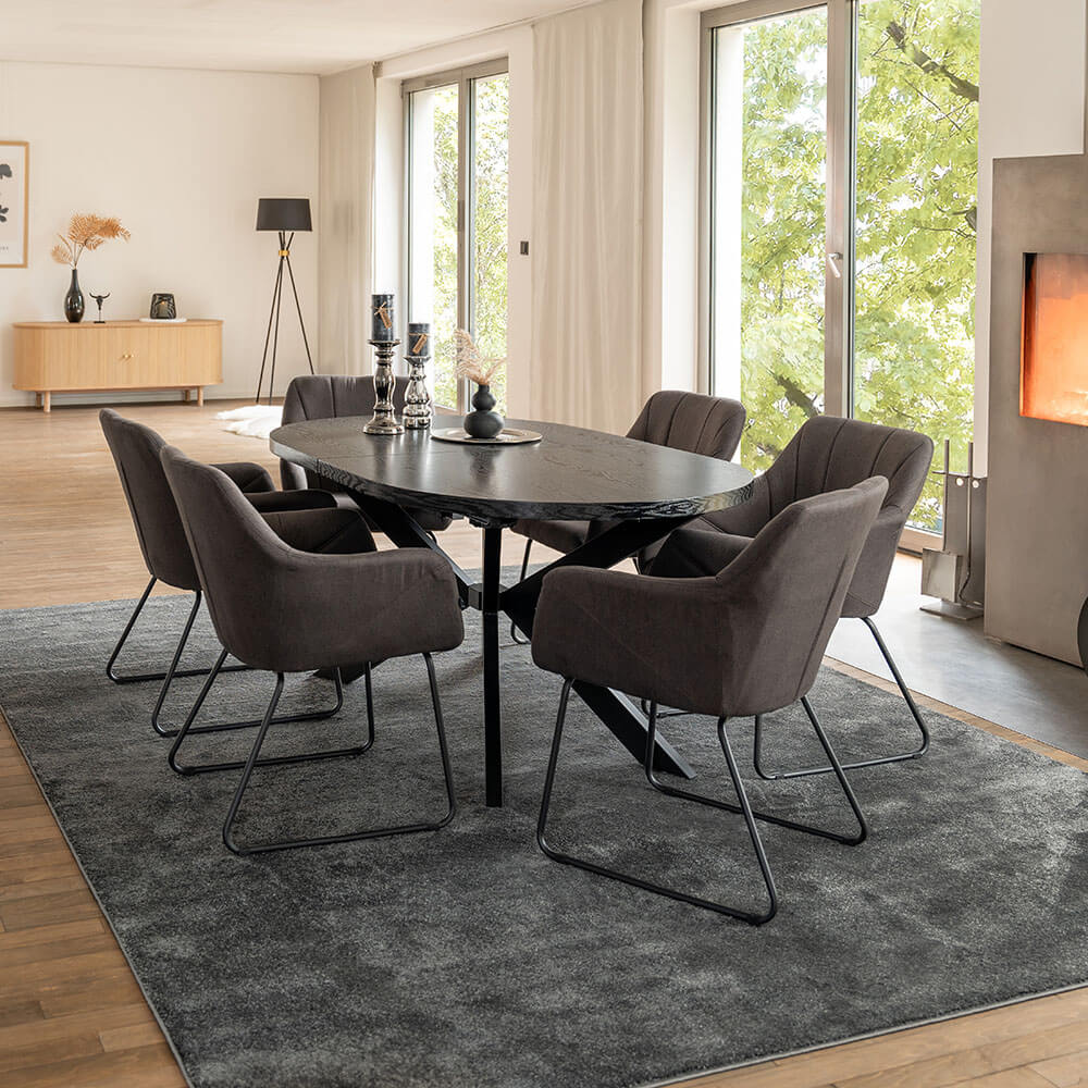 Home Deluxe Essgruppe Oval Ausziehbar inkl. Sternfuß - 160 x 100 cm Dark Oak 6 Stühle Anthrazit