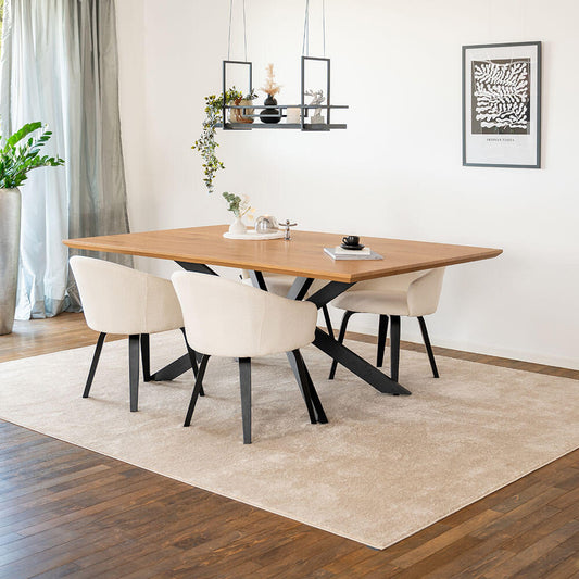 Home Deluxe Essgruppe Eckig AVENCIA inkl. Sternfuß - 200 x 120 cm Light Oak 4 Stühle Bouclé Weiß