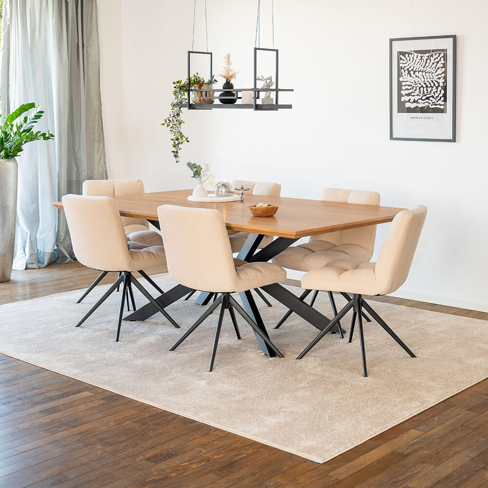 Home Deluxe Essgruppe Eckig AVENCIA inkl. Sternfuß - 200 x 120 cm Light Oak 6 Stühle Creme