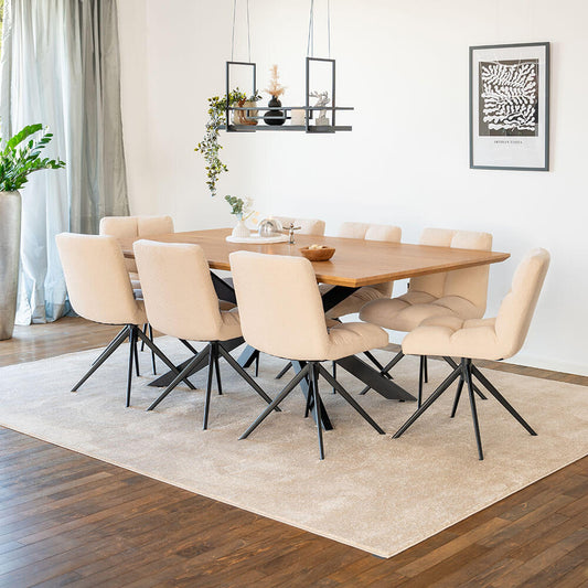 Home Deluxe Essgruppe Eckig AVENCIA inkl. Sternfuß - 200 x 120 cm Light Oak 8 Stühle Creme