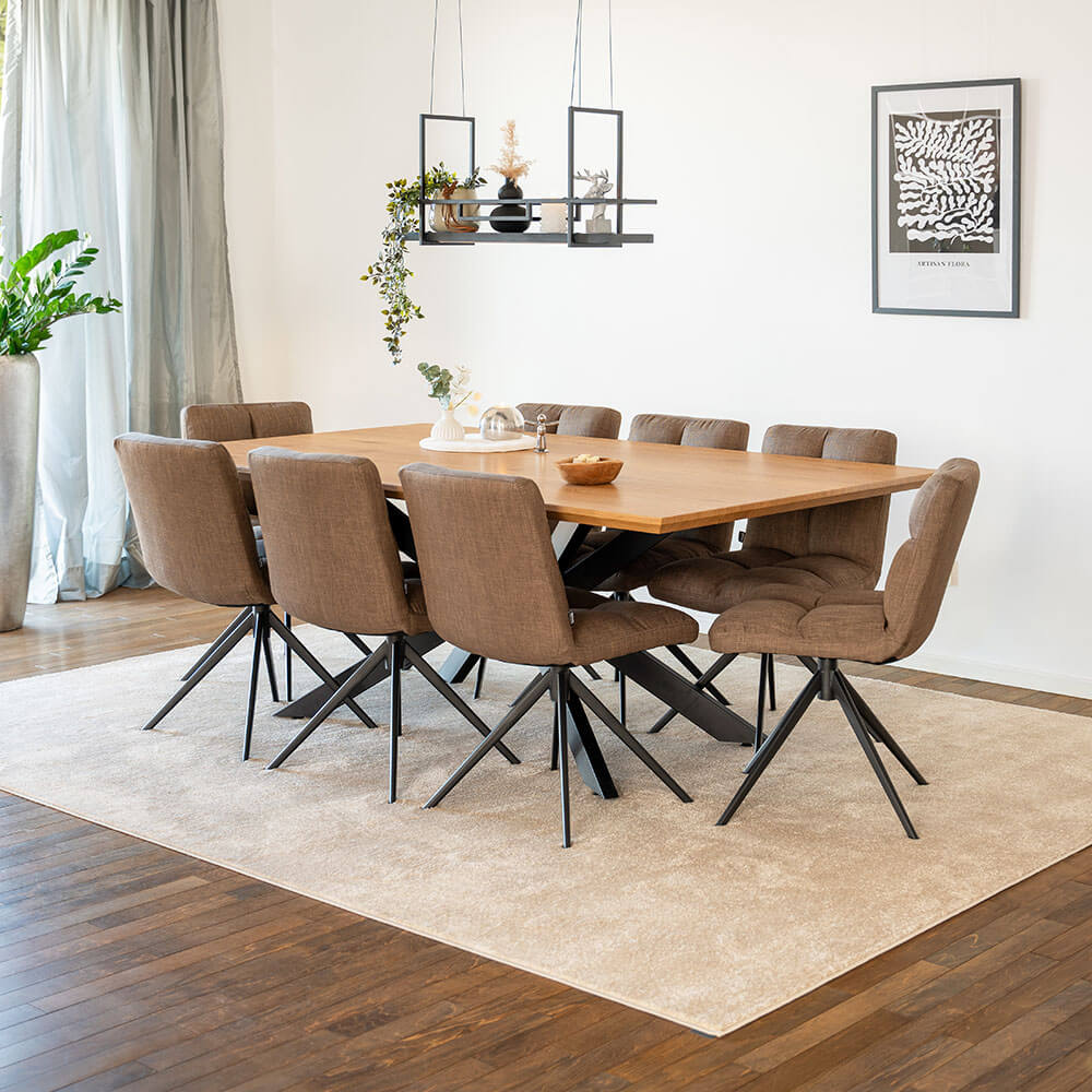 Home Deluxe Essgruppe Eckig AVENCIA inkl. Sternfuß - 200 x 120 cm Light Oak 8 Stühle Grau