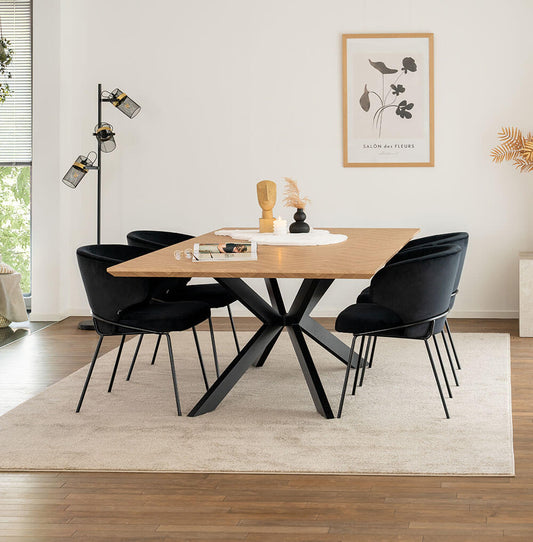 Home Deluxe Essgruppe Eckig AVENCIA inkl. Sternfuß - 200 x 120 cm Fishbone Oak 4 Stühle Schwarz