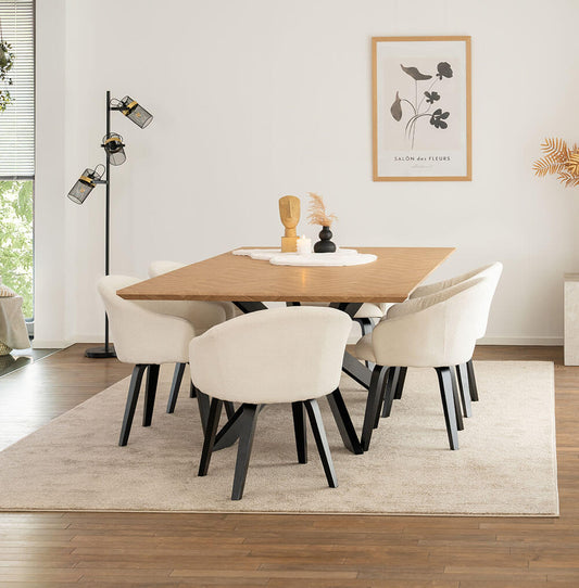 Home Deluxe Essgruppe Eckig AVENCIA inkl. Sternfuß - 200 x 120 cm Fishbone Oak 6 Stühle Bouclé Weiß