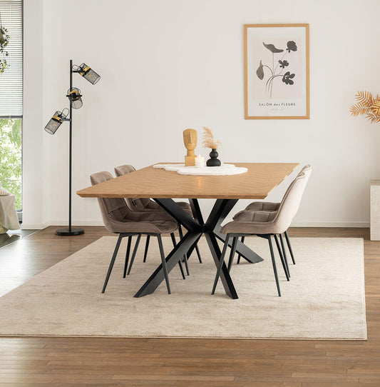 Home Deluxe Essgruppe Eckig AVENCIA inkl. Sternfuß - 200 x 120 cm Fishbone Oak 4 Stühle Hellbraun