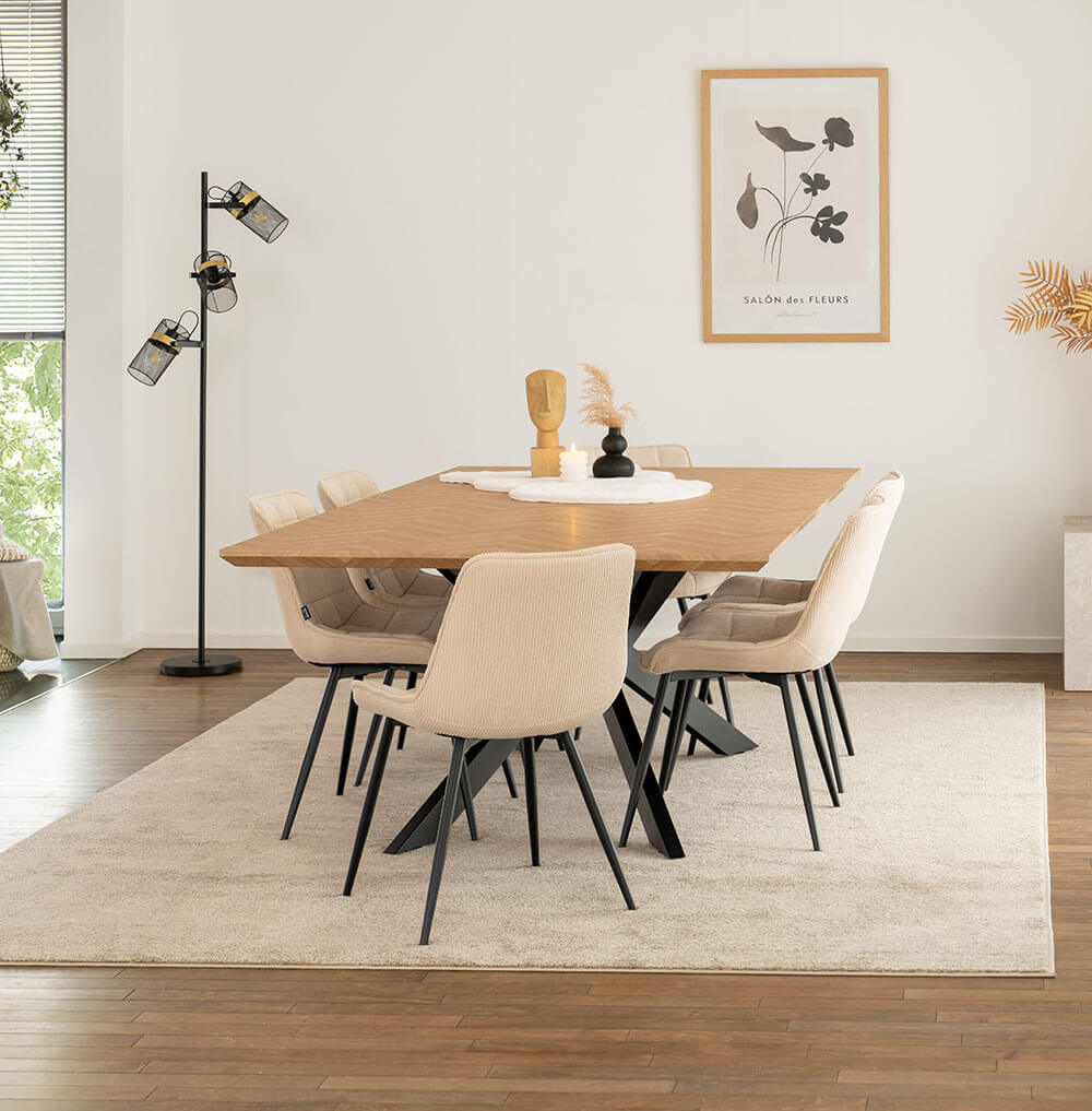Home Deluxe Essgruppe Eckig AVENCIA inkl. Sternfuß - 200 x 120 cm Fishbone Oak 6 Stühle Creme