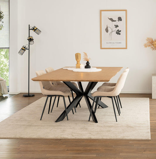 Home Deluxe Essgruppe Eckig AVENCIA inkl. Sternfuß - 200 x 120 cm Fishbone Oak 4 Stühle Creme