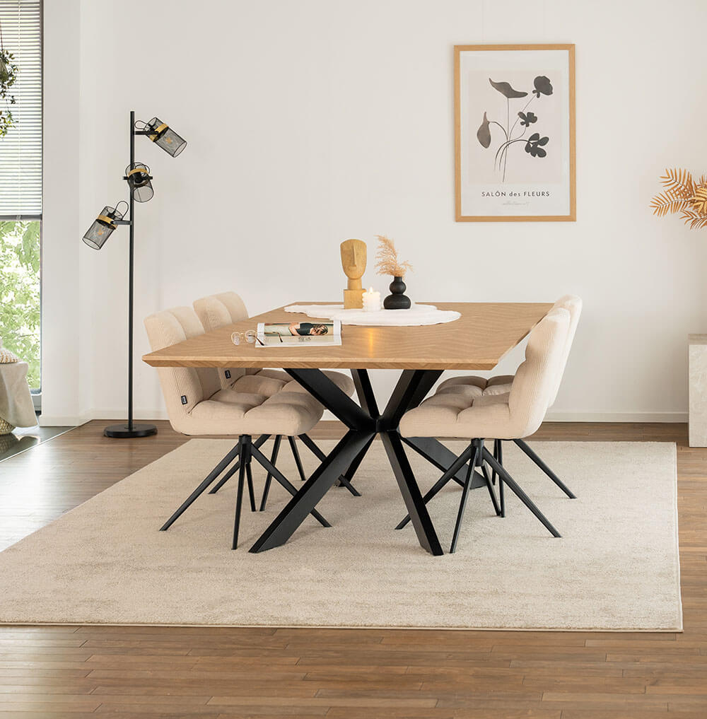 Home Deluxe Essgruppe Eckig AVENCIA inkl. Sternfuß - 200 x 120 cm Fishbone Oak 4 Stühle Creme