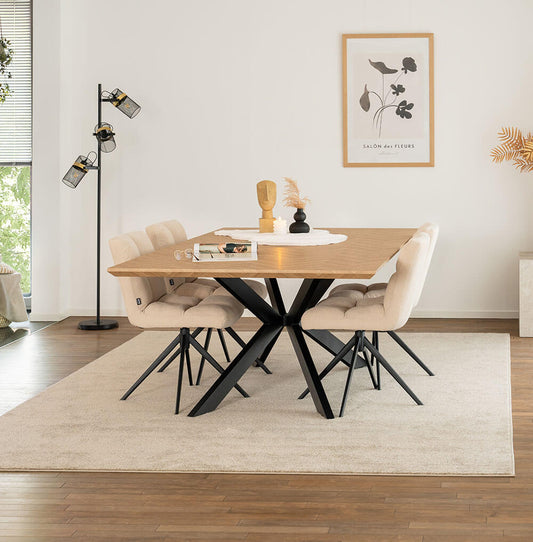 Home Deluxe Essgruppe Eckig AVENCIA inkl. Sternfuß - 200 x 120 cm Fishbone Oak 4 Stühle Creme