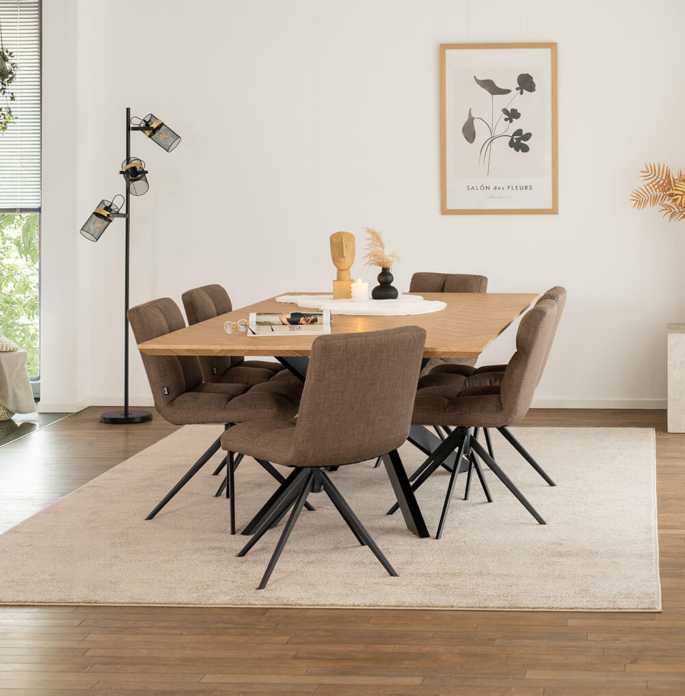 Home Deluxe Essgruppe Eckig AVENCIA inkl. Sternfuß - 200 x 120 cm Fishbone Oak 6 Stühle Grau