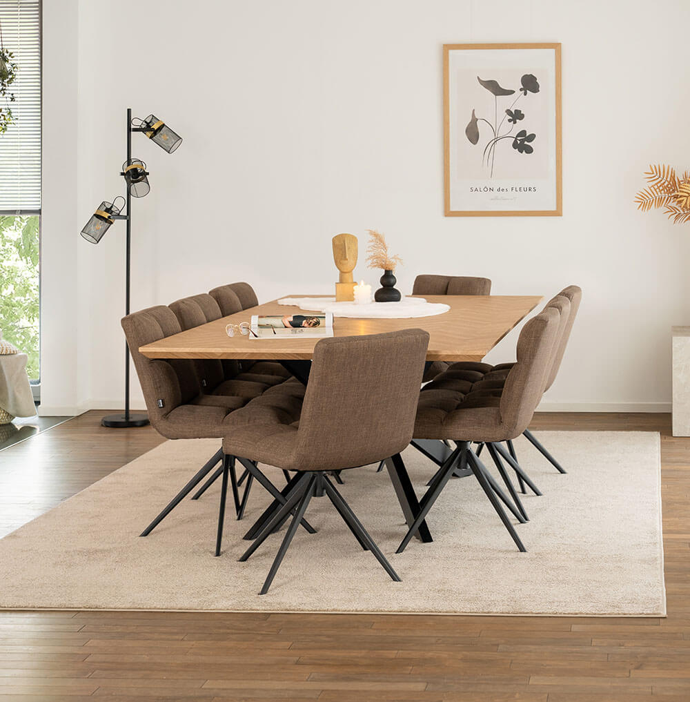 Home Deluxe Essgruppe Eckig AVENCIA inkl. Sternfuß - 200 x 120 cm Fishbone Oak 8 Stühle Grau