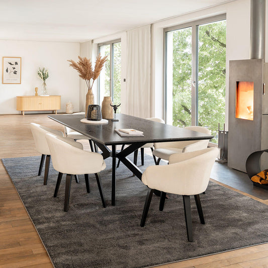 Home Deluxe Essgruppe Eckig AVENCIA inkl. Sternfuß - 200 x 120 cm Dark Oak 6 Stühle Bouclé Weiß