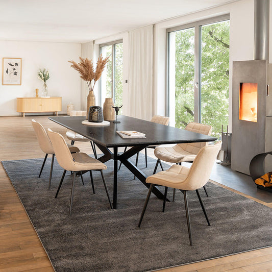 Home Deluxe Essgruppe Eckig AVENCIA inkl. Sternfuß - 200 x 120 cm Dark Oak 6 Stühle Creme