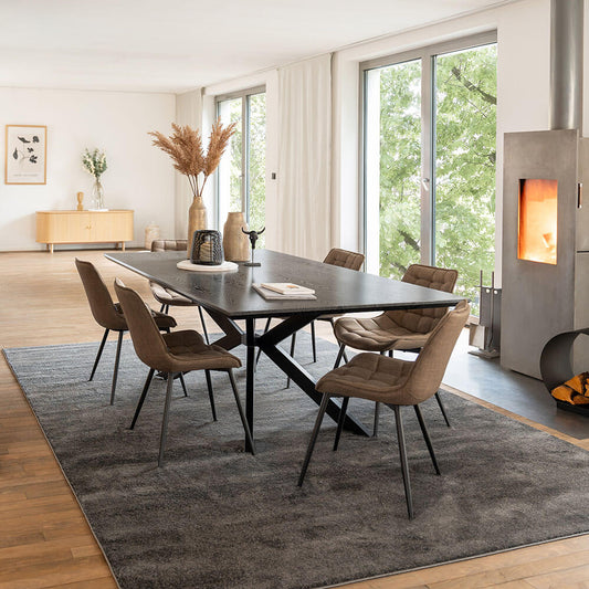 Home Deluxe Essgruppe Eckig AVENCIA inkl. Sternfuß - 200 x 120 cm Dark Oak 6 Stühle Grau