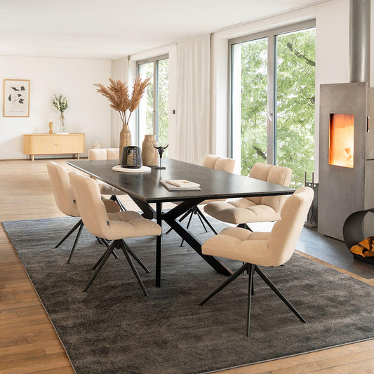 Home Deluxe Essgruppe Eckig AVENCIA inkl. Sternfuß - 200 x 120 cm Dark Oak 6 Stühle Creme