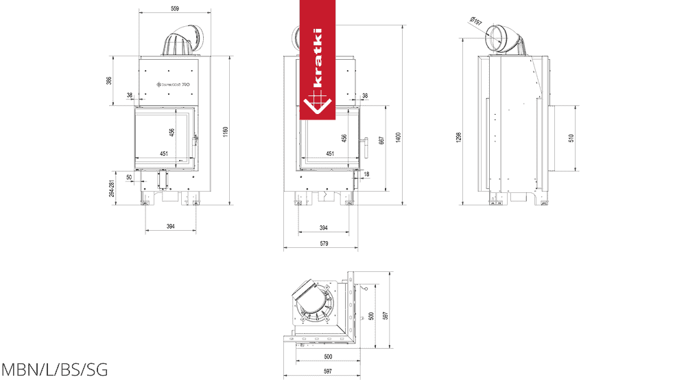 Kratki Kamineinsatz aus Stahl KRATKI MBN links 8 kW Ø 200 gebogenes Glas