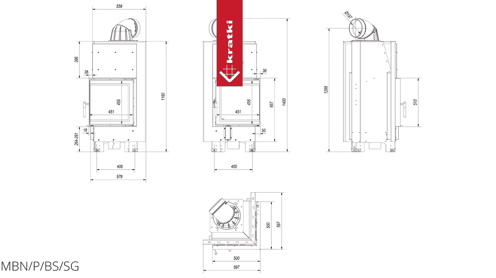 Kratki Kamineinsatz aus Stahl KRATKI MBN rechts 8 kW Ø 200 gebogenes Glas
