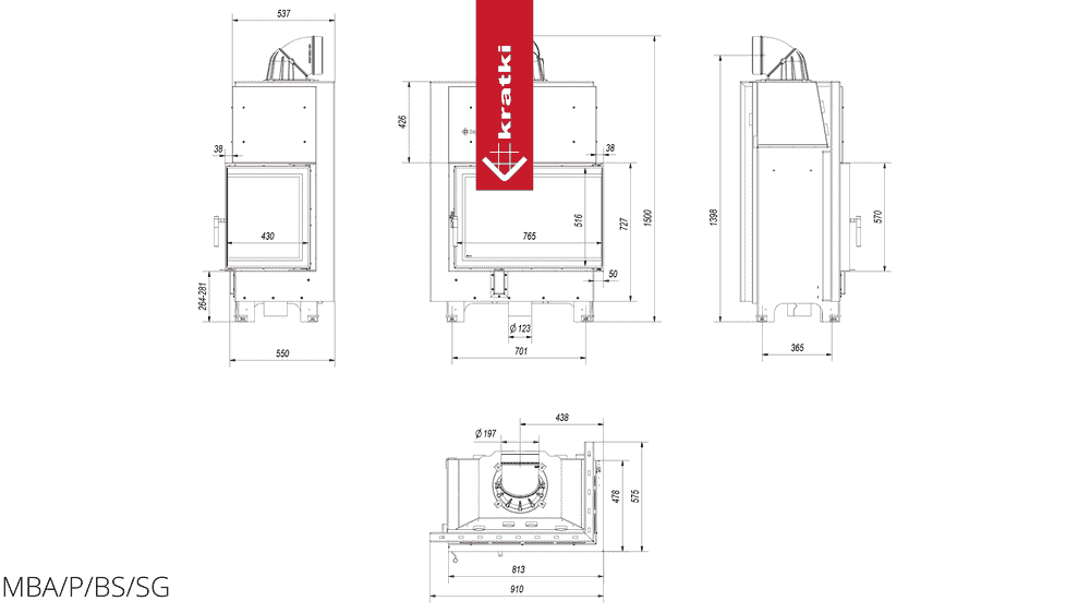 Kratki Kamineinsatz aus Stahl KRATKI MBA rechts 17 kW Ø 200 gebogenes Glas