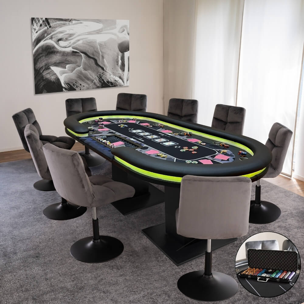 Home Deluxe LED Pokertisch inkl. Pokerkoffer und 6 Stühle STRAIGHT FLUSH - Für 9 Personen