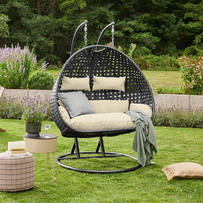 Home Deluxe Polyrattan Hängesessel TWIN DELUXE - Schwarz/Creme für 2 Personen