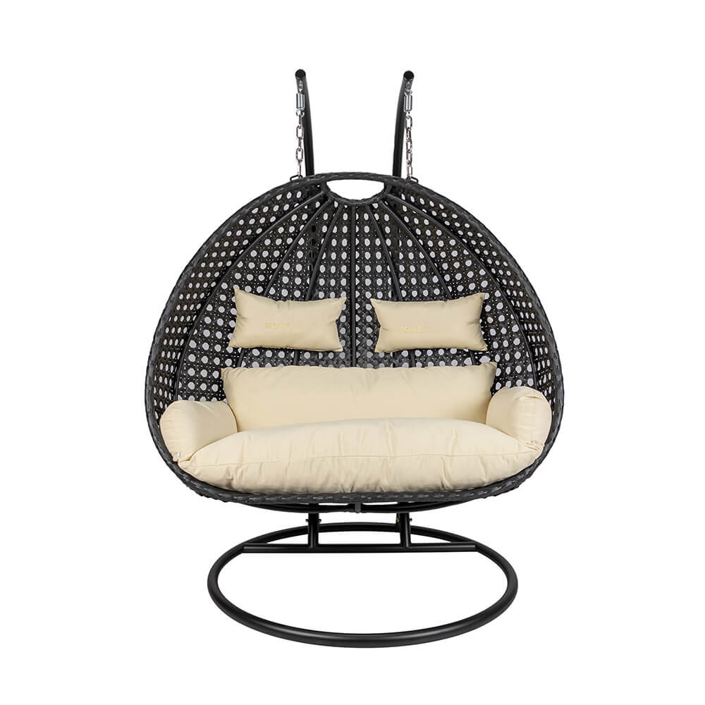 Home Deluxe Polyrattan Hängesessel mit Regenabdeckung TWIN DELUXE - Schwarz/Creme für 2 Personen
