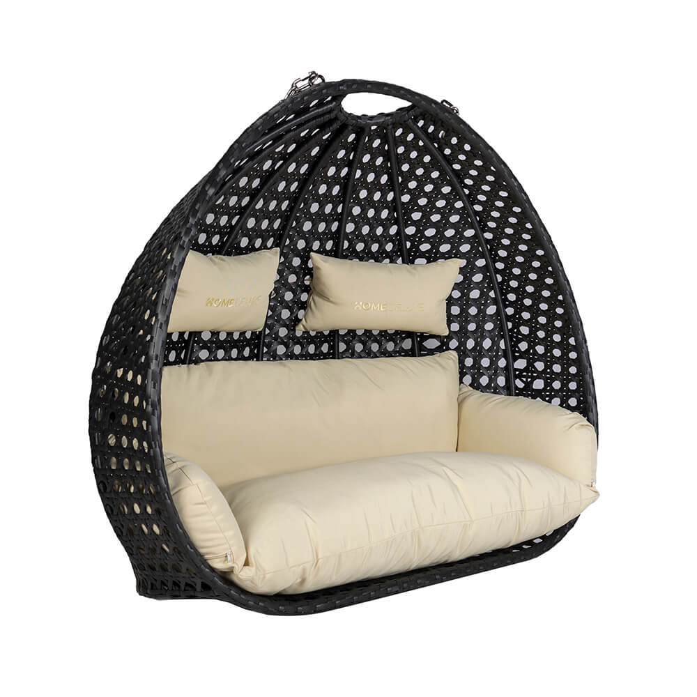 Home Deluxe Polyrattan Hängesessel TWIN DELUXE - Schwarz/Creme für 2 Personen