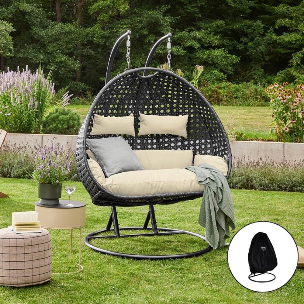 Home Deluxe Polyrattan Hängesessel mit Regenabdeckung TWIN DELUXE - Schwarz/Creme für 2 Personen