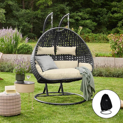Home Deluxe Polyrattan Hängesessel mit Regenabdeckung TWIN DELUXE - Schwarz/Creme für 2 Personen