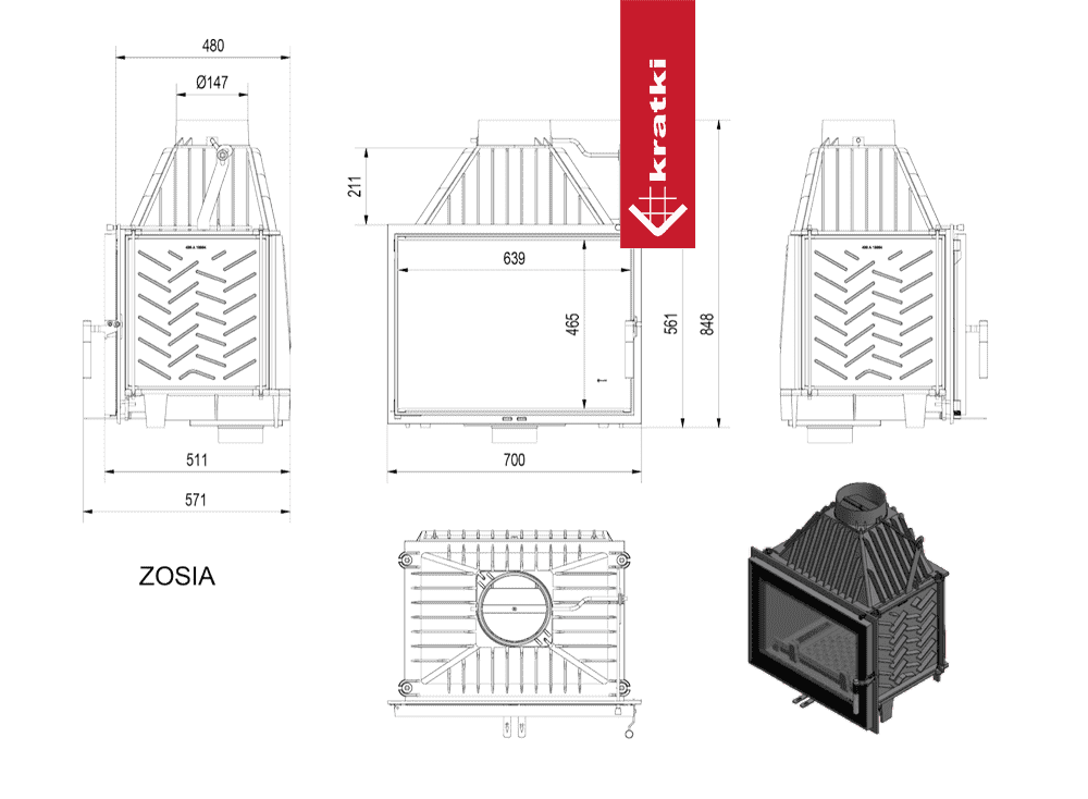 Kratki Kamineinsatz Gusseisen KRATKI ZOSIA 12 kW Ø 150