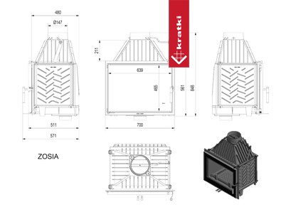 Kratki Kamineinsatz Gusseisen KRATKI ZOSIA 12 kW Ø 150